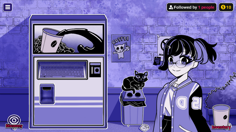 Horu standing beside the anomalous coffee machine and its keyboard panel