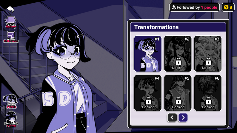 Horu viewing the game's transformations gallery